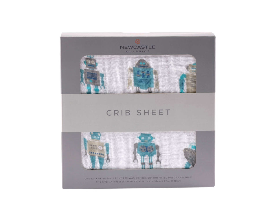 Cotton crib sheet featuring colorful robot design, ideal for a nursery and ensuring comfort for your baby.