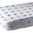Cotton crib sheet with a playful robot pattern in blue and gray colors on a white background.