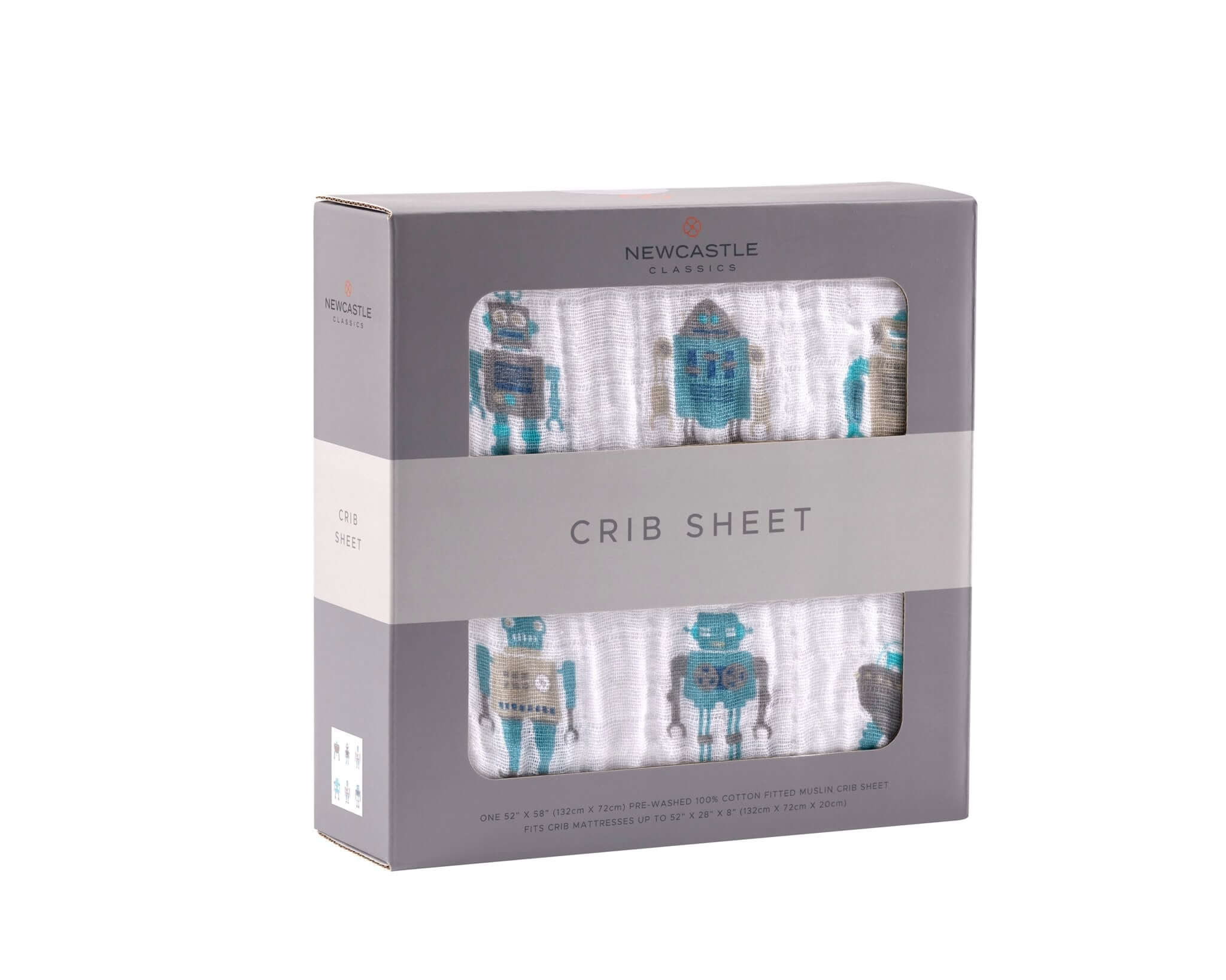 Cotton crib sheet featuring playful robot designs in blue and white packaging, ideal for nursery decoration.