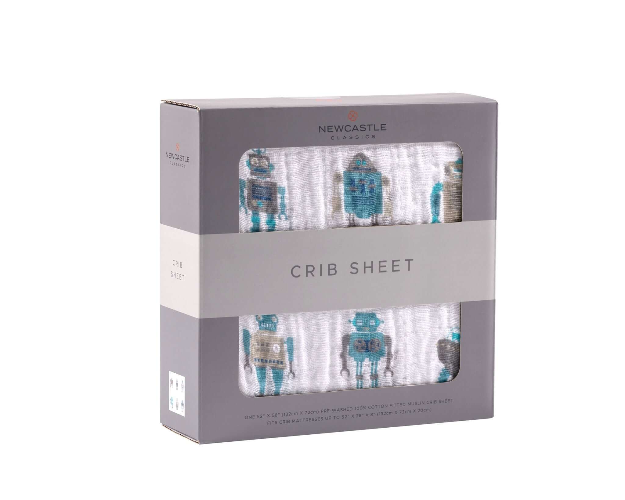 Colorful cotton crib sheet featuring robot designs, packaged in a stylish box.