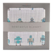 Cotton baby blanket featuring colorful robot designs in a cotton muslin fabric, perfect for infants.