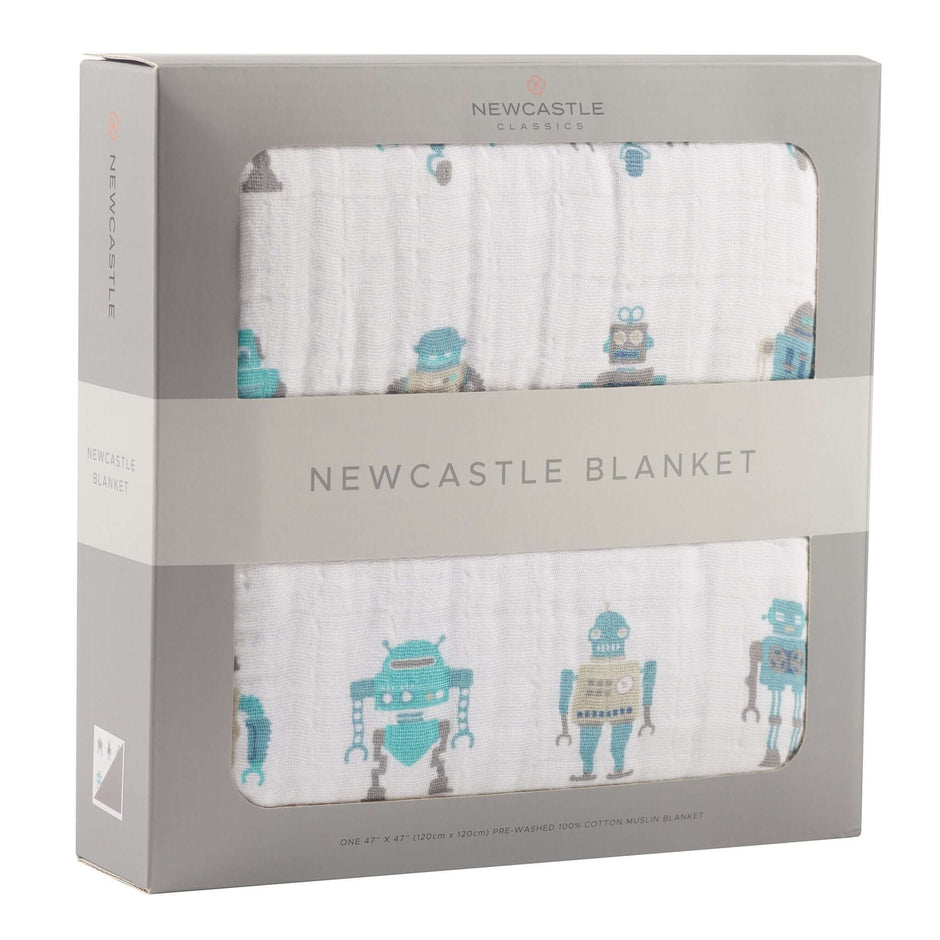 Cotton Baby Blanket in a box featuring a playful robot design, perfect for infants and toddlers.