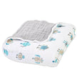 Cotton baby blanket featuring playful robot design and soft gray underside, perfect for infants.