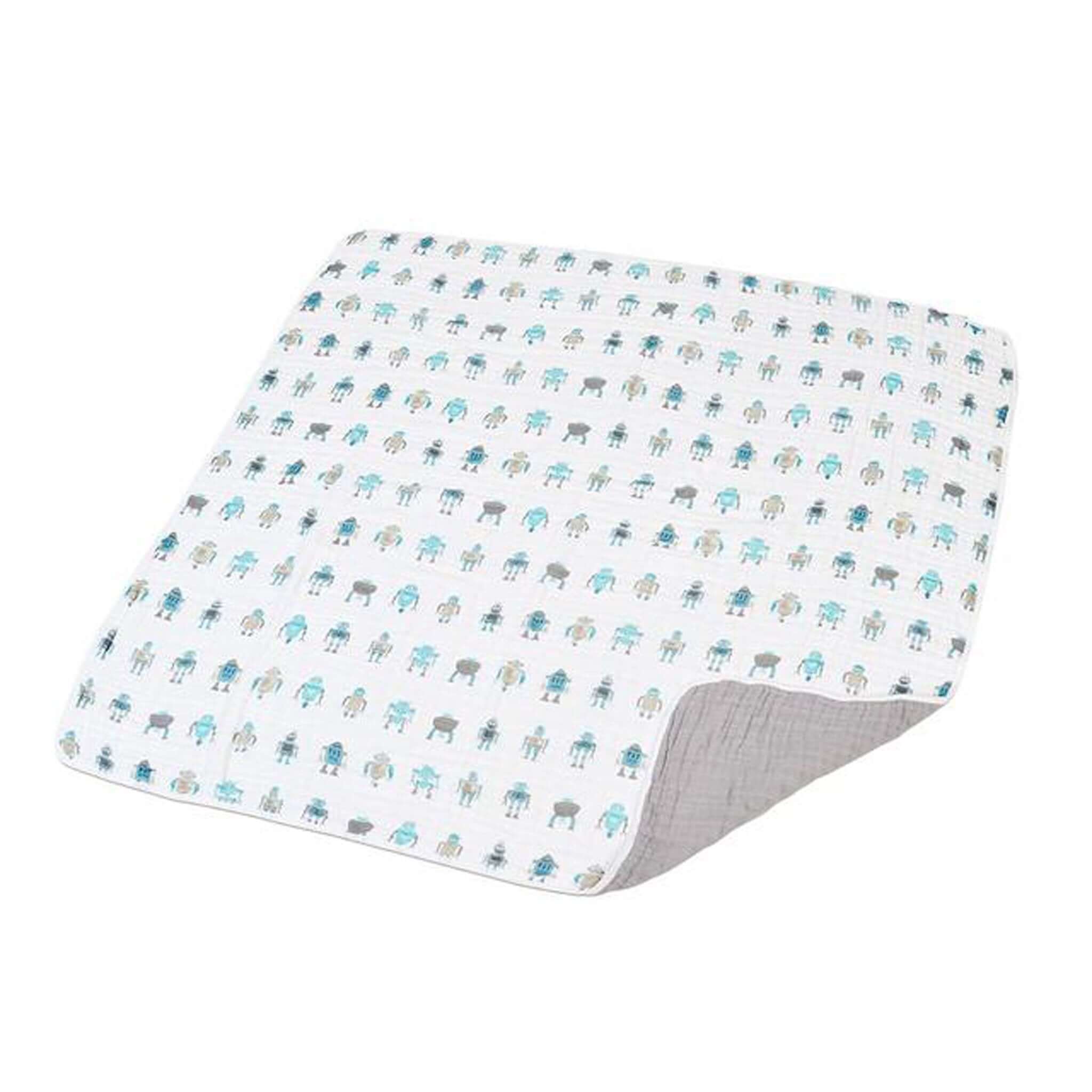 Cotton baby blanket featuring colorful robot patterns, soft and lightweight for infants.