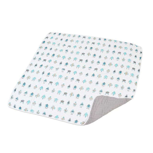 Cotton baby blanket featuring colorful robot patterns, soft and lightweight for infants.