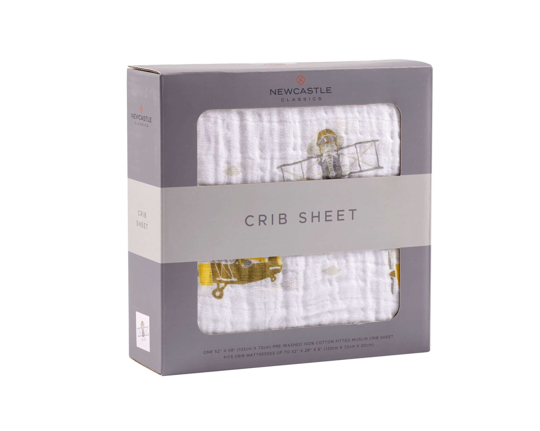 Airplane Animals Crib Sheet packaging featuring colorful airplane designs in a box.