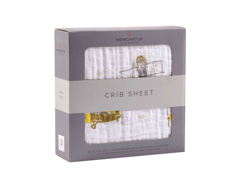 Airplane Animals Crib Sheet packaging featuring colorful airplane designs in a box.