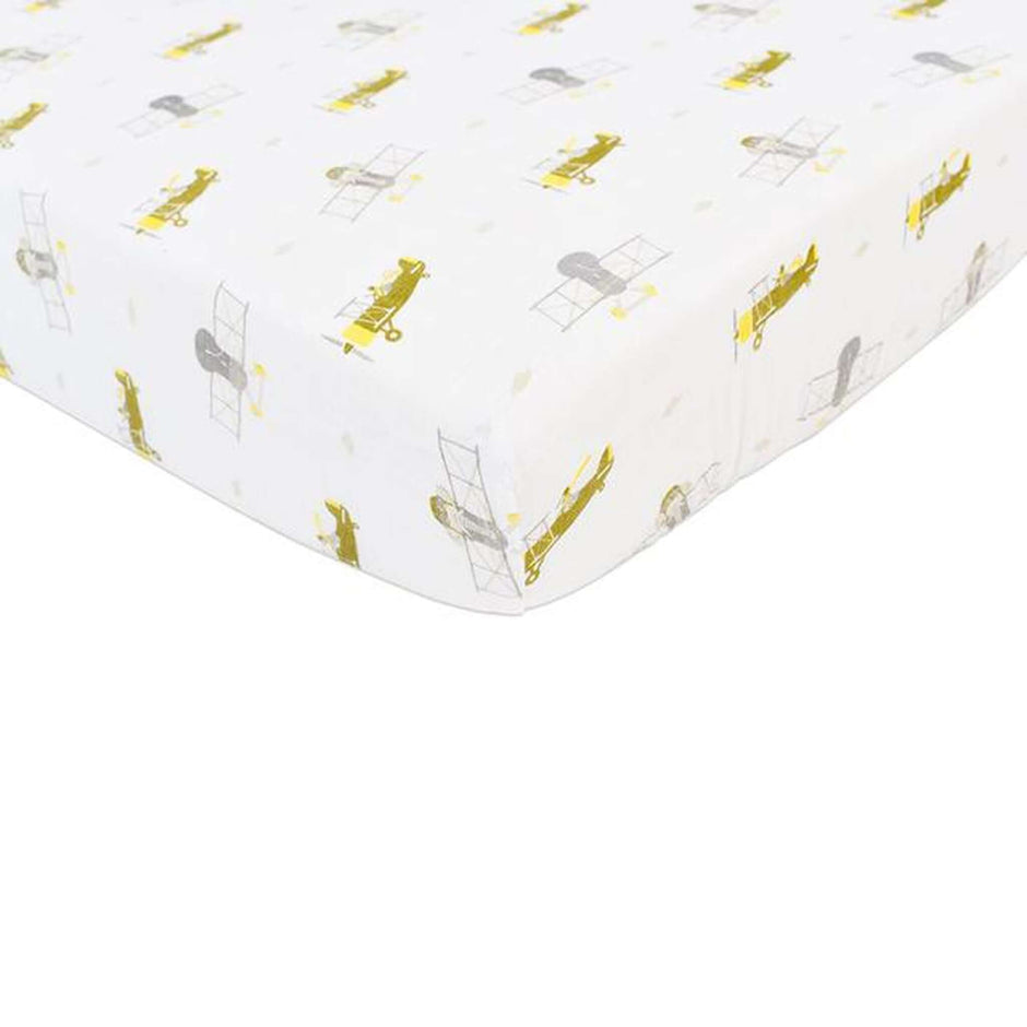 Airplane Animals Crib Sheet featuring colorful airplane patterns on a white background.