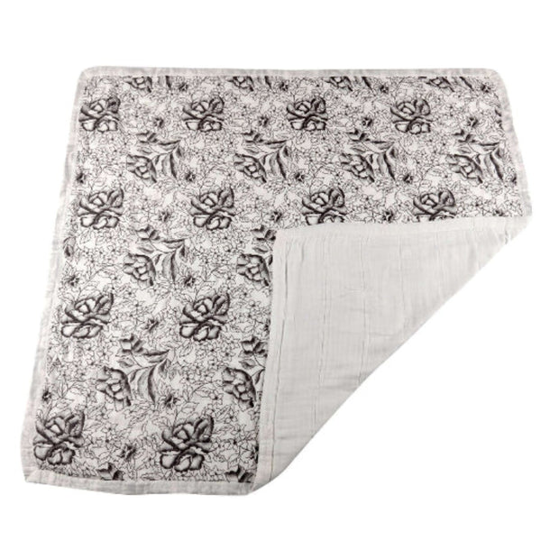 American Rose Newcastle Blanket featuring a floral design in black and white with a solid grey backing.