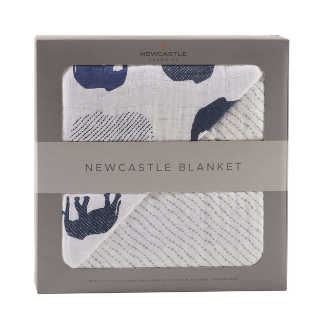 Blue Elephants Blanket design in a stylish packaging, featuring playful elephant patterns and a soft cotton finish.