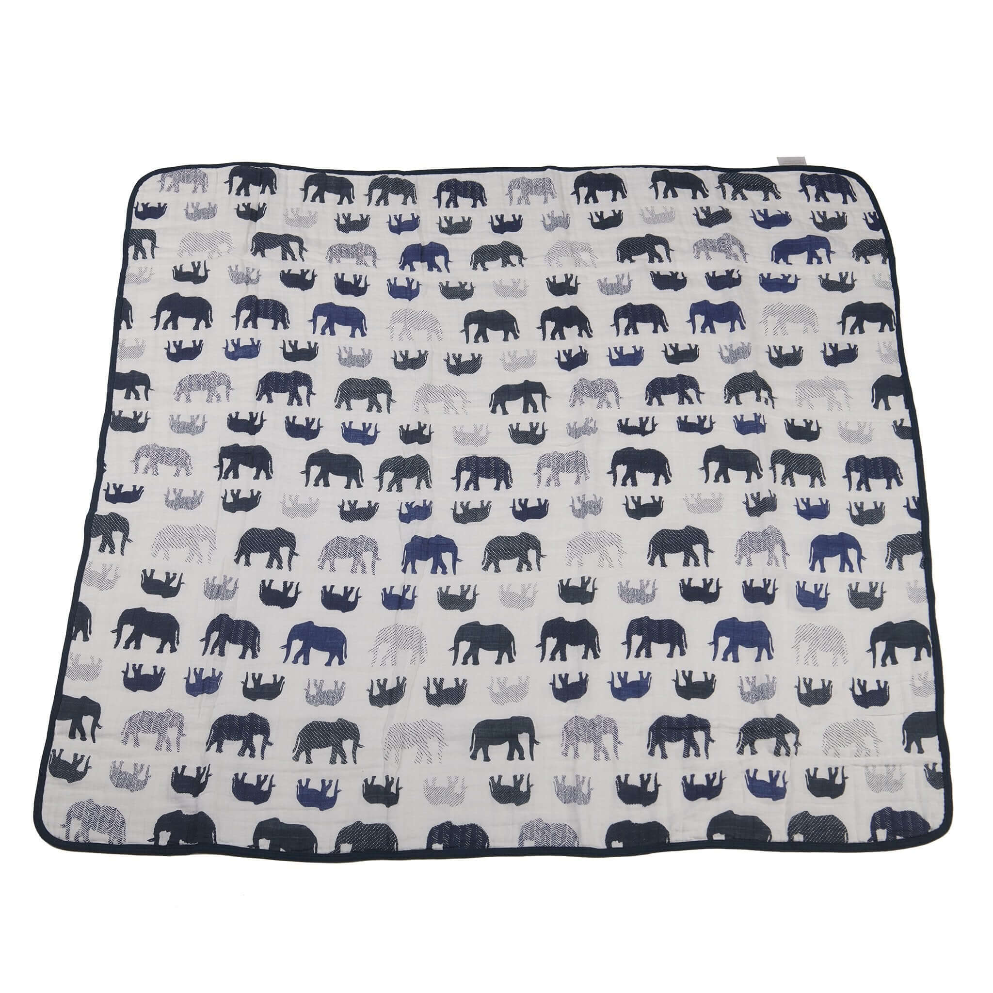 Blue elephants blanket featuring various elephant patterns on a neutral background, perfect for décor and comfort.