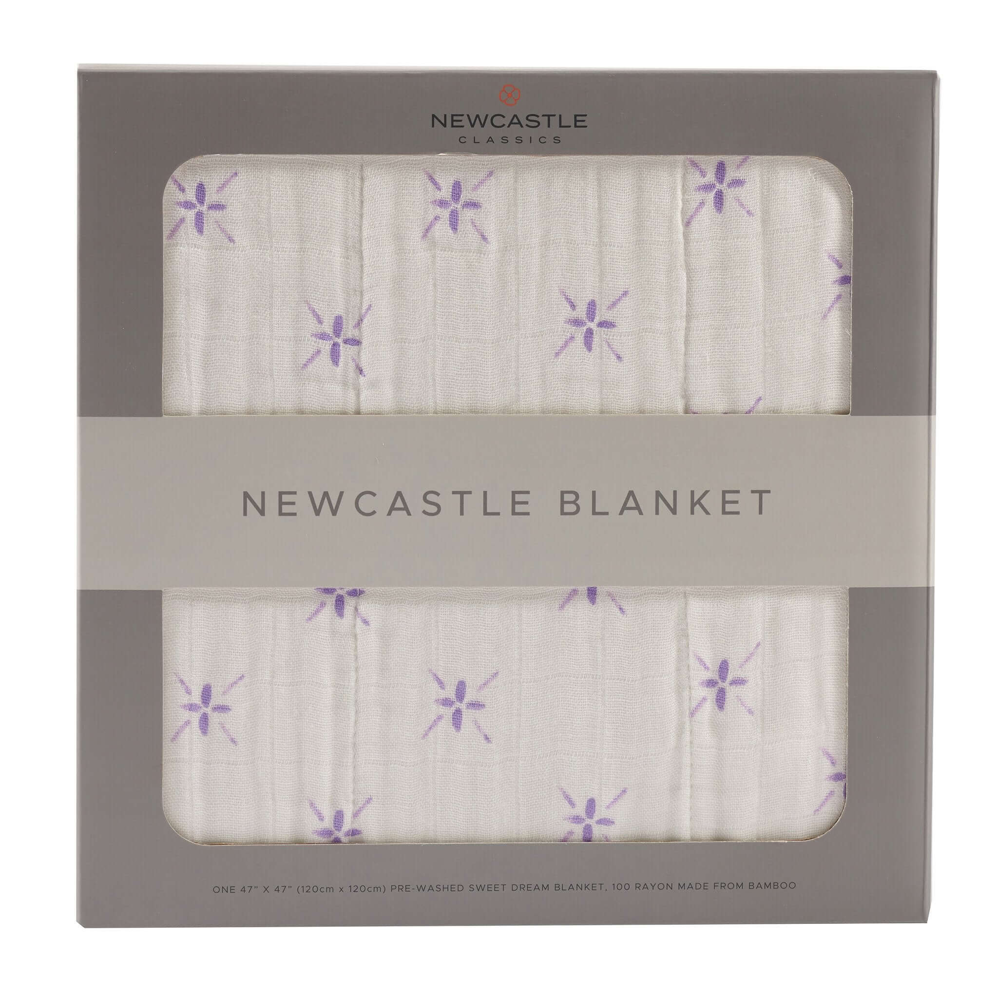 Newcastle Blanket packaging with purple flower design, perfect for cozying up.