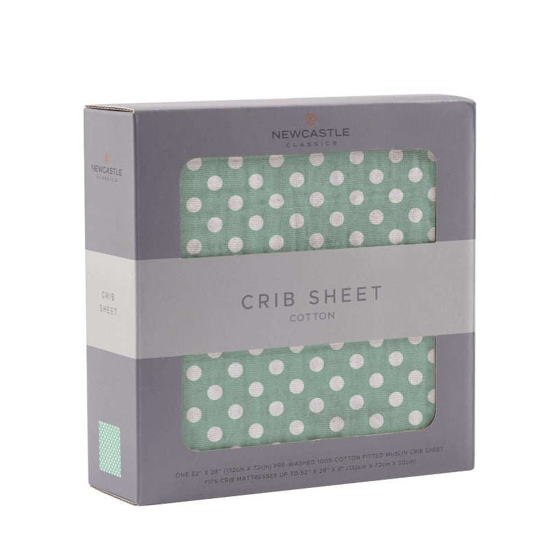 Jade Polka Sheet in box showing white polka dots on a soft green background for crib bedding.