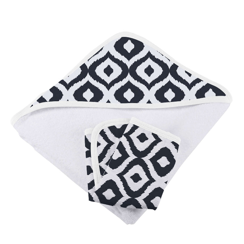 Moroccan Blue Towel Set featuring stylish black and white geometric patterns with soft and absorbent materials.