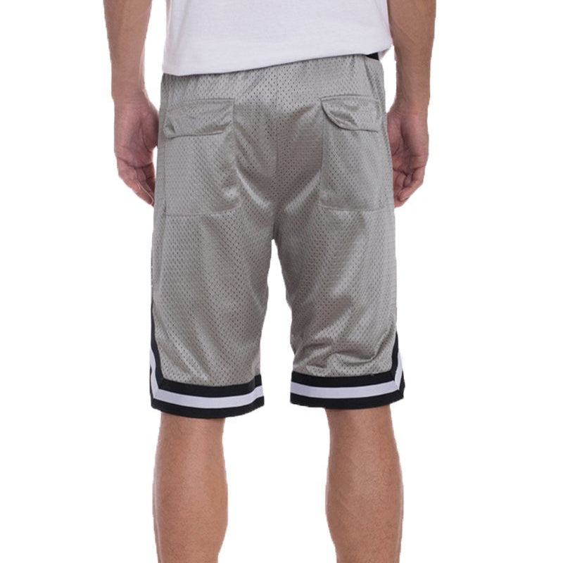 Men’s Gray Mesh Shorts with Zippered Pockets and Stripes
