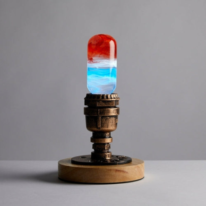 C.P.LIGHT Red Blue Glass Accent Lamp with Wooden Cube Base