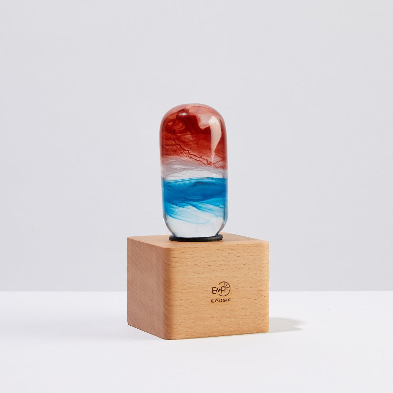 C.P.LIGHT Red Blue Glass Accent Lamp with Wooden Cube Base