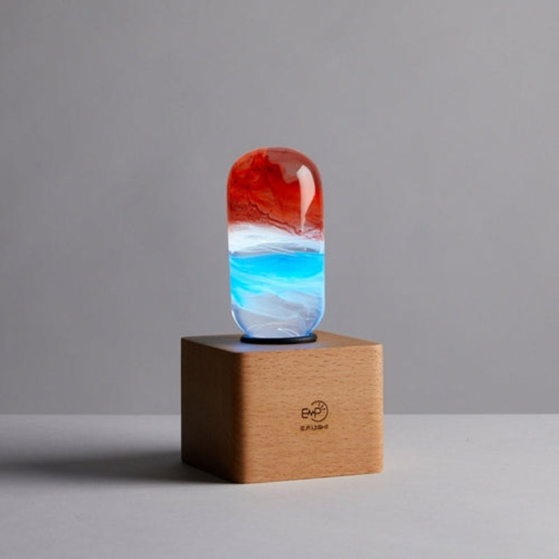 C.P.LIGHT Red Blue Glass Accent Lamp with Wooden Cube Base