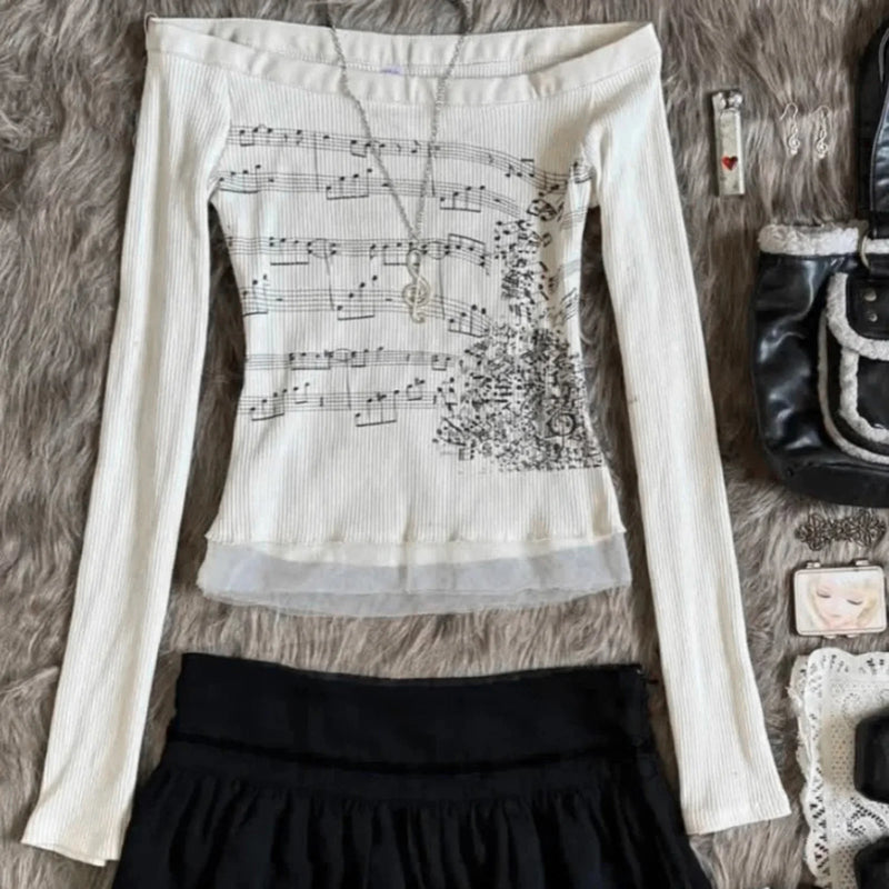 Music Notes Graphic Long Sleeve Top – Cozy Ribbed Design