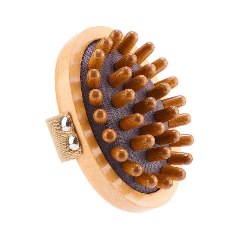 Wooden Body Massage Brush with 28 and 33 Rounded Comb Teeth, Finger Grip Handle & Hand Strap