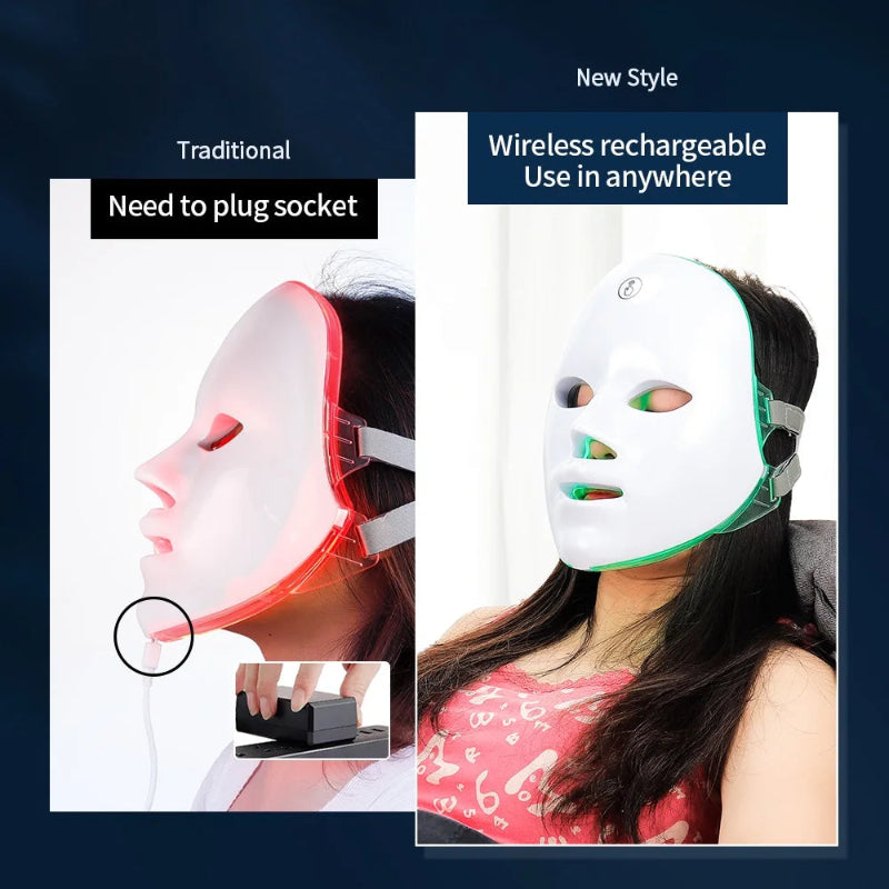 7-Color LED Facial Mask with Neck Light Therapy Mask – Wireless Rechargeable Skin Rejuvenation Beauty Device