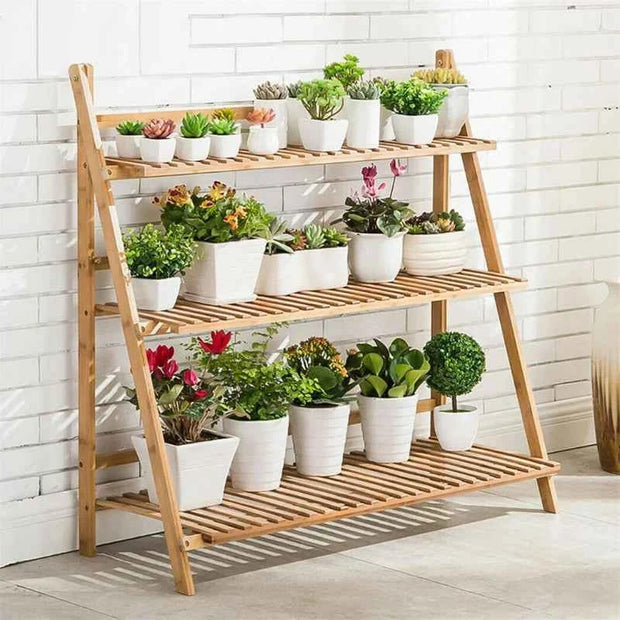 3-Tier Ladder Plant Stand – Natural Wood-Tone Slatted Flower Pot Display Rack