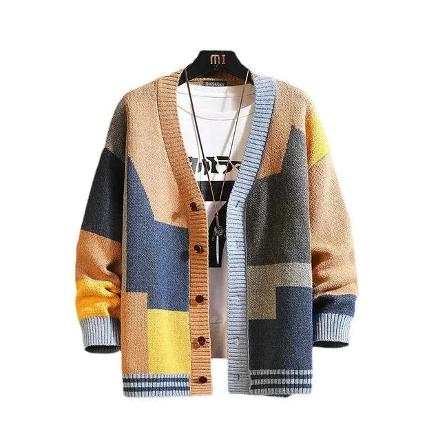 Multicolor Patchwork Knit Cardigan Sweater with V-Neck, Button Front & Ribbed Trim