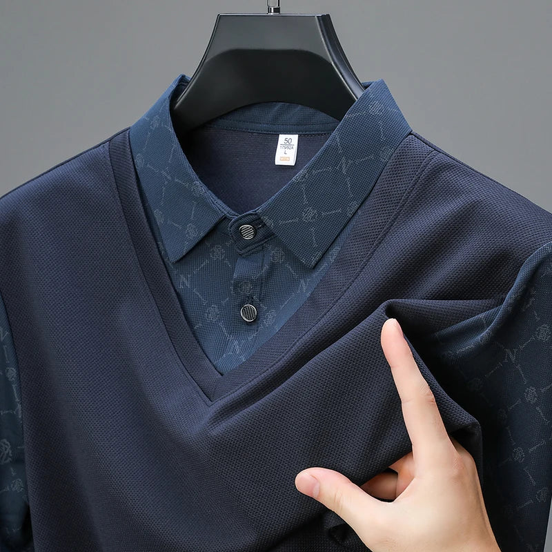 Men's Long Sleeve Polo Shirt with Two Piece Design for Casual Business Style
