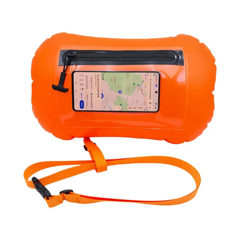 Orange Waterproof Swim Buoy Dry Bag with Touchscreen Phone Pouch and Adjustable Strap