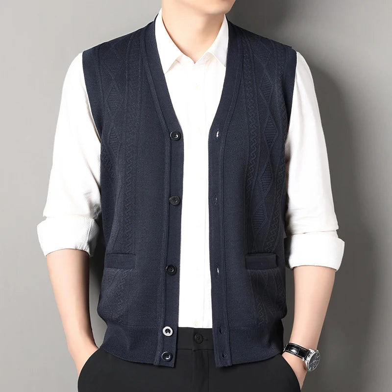 Men’s Knitted V-Neck Button-Up Sweater Vest Cardigan with Pockets