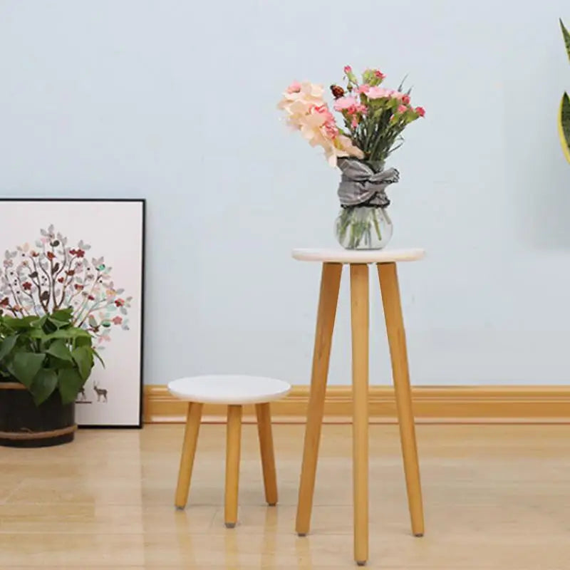 Wooden Round 3-Leg Flower Stand – White Top Plant Display Table in Two Sizes