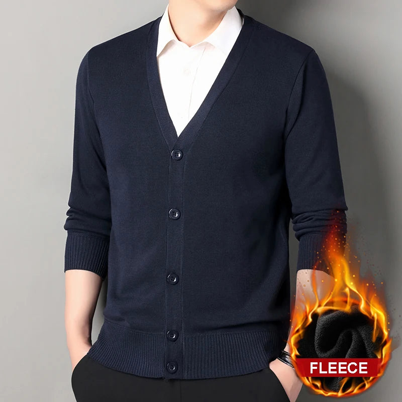 FLEECE Men's Smart Casual V-Neck Button Knit Cardigan Sweater – Long Sleeve