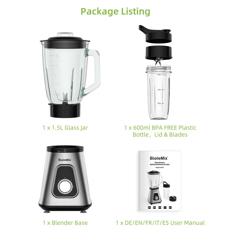 BioloMix 1300W Smoothie Maker with 1.5L Glass Jar, Personal Blending Bottle and US Plug