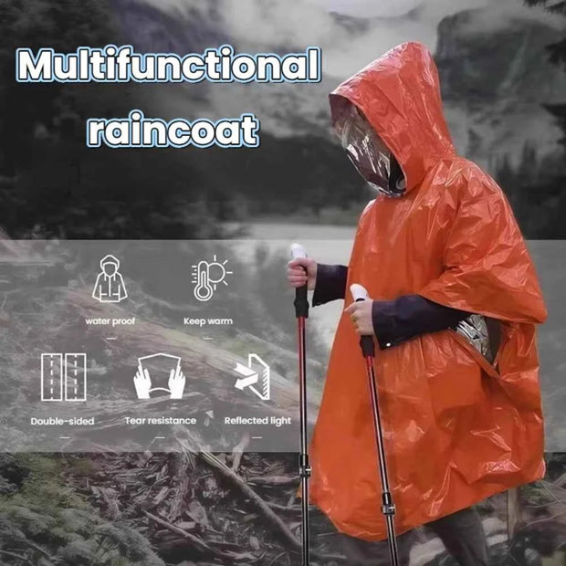 Portable Outdoor Emergency Rain Poncho with Mylar Blanket Liner Thermal Poncho Waterproof Wind Resistant for Camping Emergencies