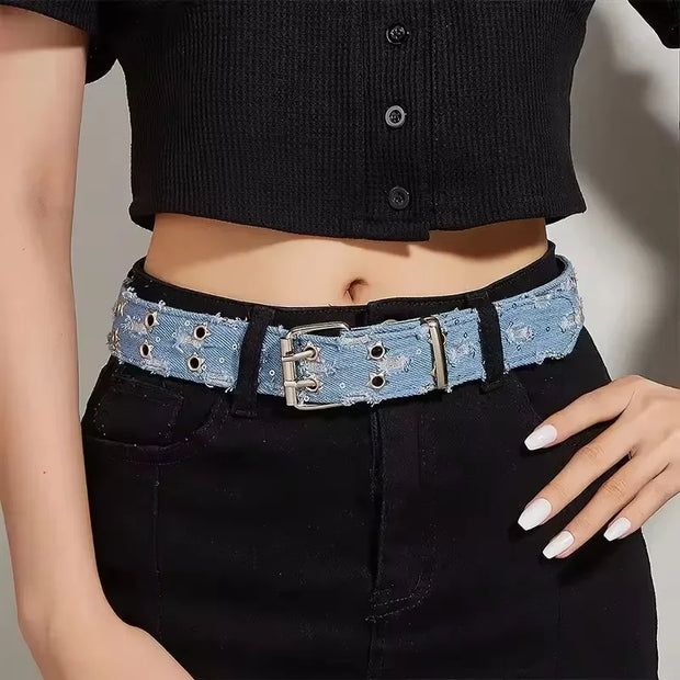 Studded Denim Belt Set with Silver Buckles
