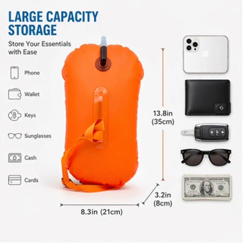 Orange Waterproof Swim Buoy Dry Bag with Touchscreen Phone Pouch and Adjustable Strap