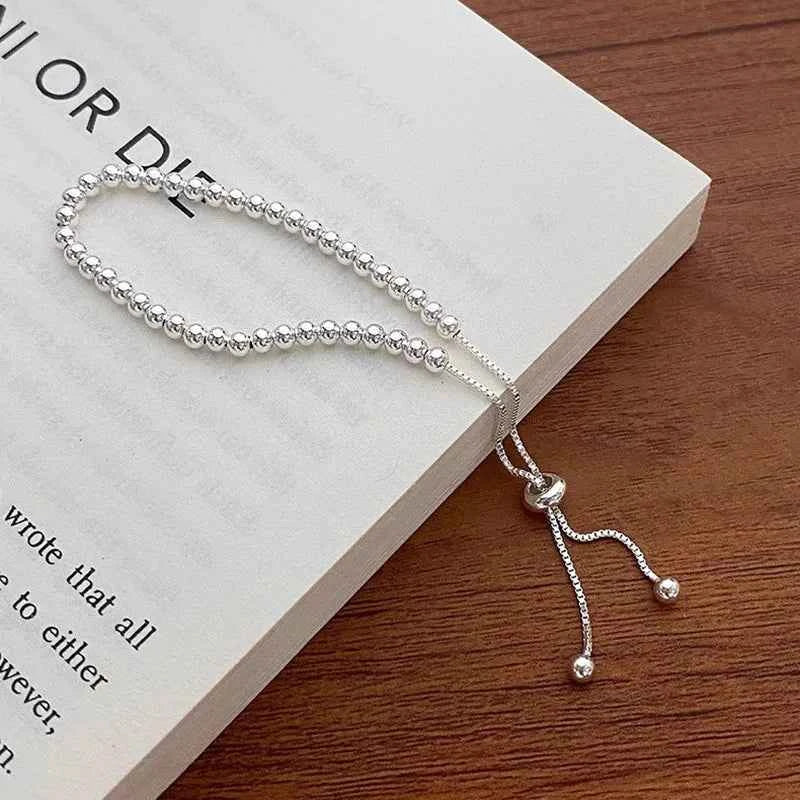 100% Solid 925 Sterling Silver Metal Bracelets for Women Men Beads Adjuatable Handmade Simple Bracelet Birthday Christmas Gift