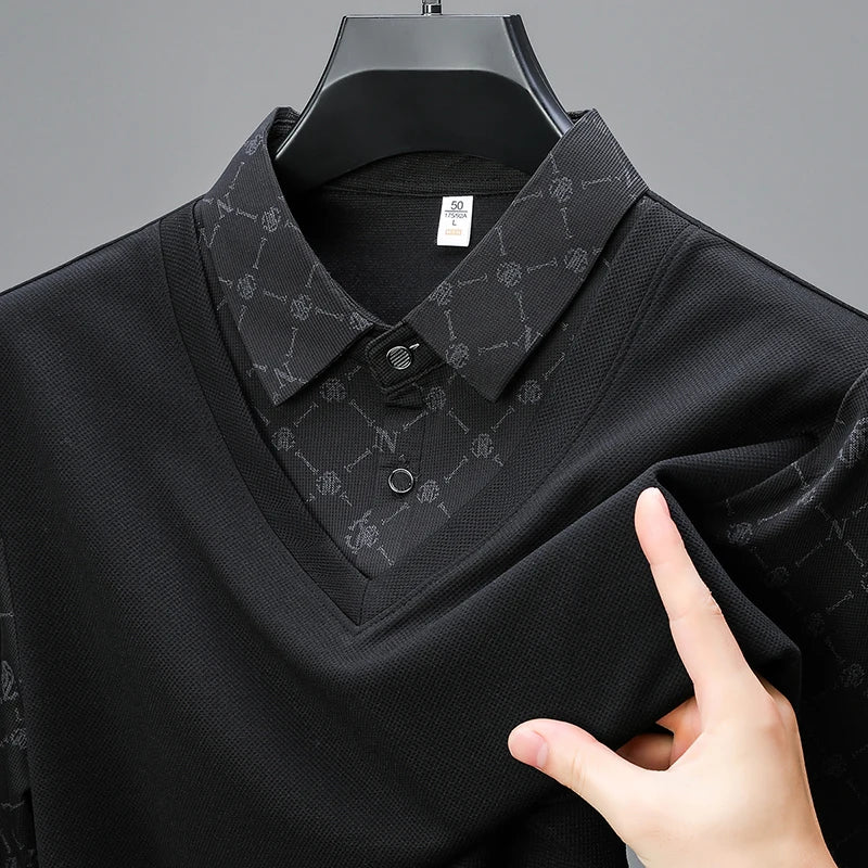 Men's Long Sleeve Polo Shirt with Two Piece Design for Casual Business Style