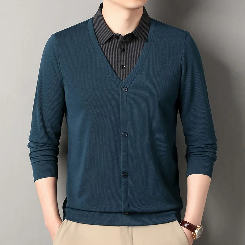 Men's Fake Two-Piece Polo Shirt – Long Sleeve Collar Knit Top Casual Fashion Sweater