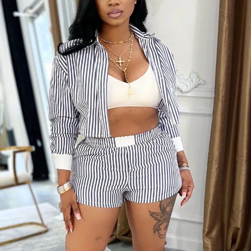 Striped Button-Up Crop Top & Shorts Set