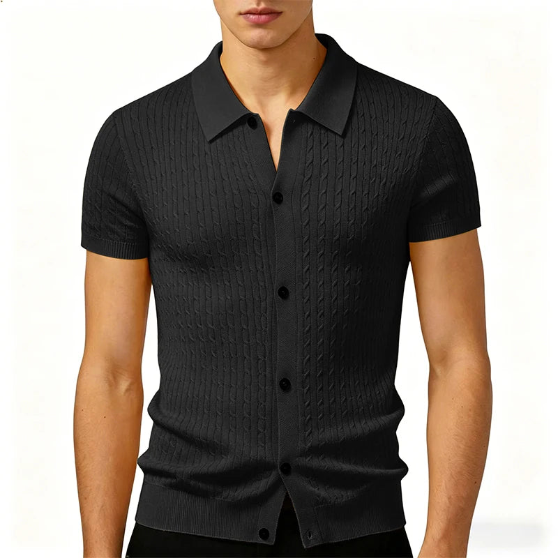 Men’s Textured Knit Short-Sleeve Button-Up Shirt with Turn-Down Collar