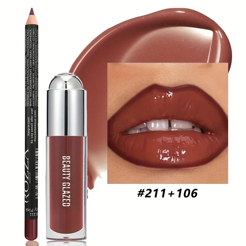 2PCS Lip Liner & Lip Gloss Set – Long Lasting Natural Nude Lip Color with Waterproof Lip Oil Finish
