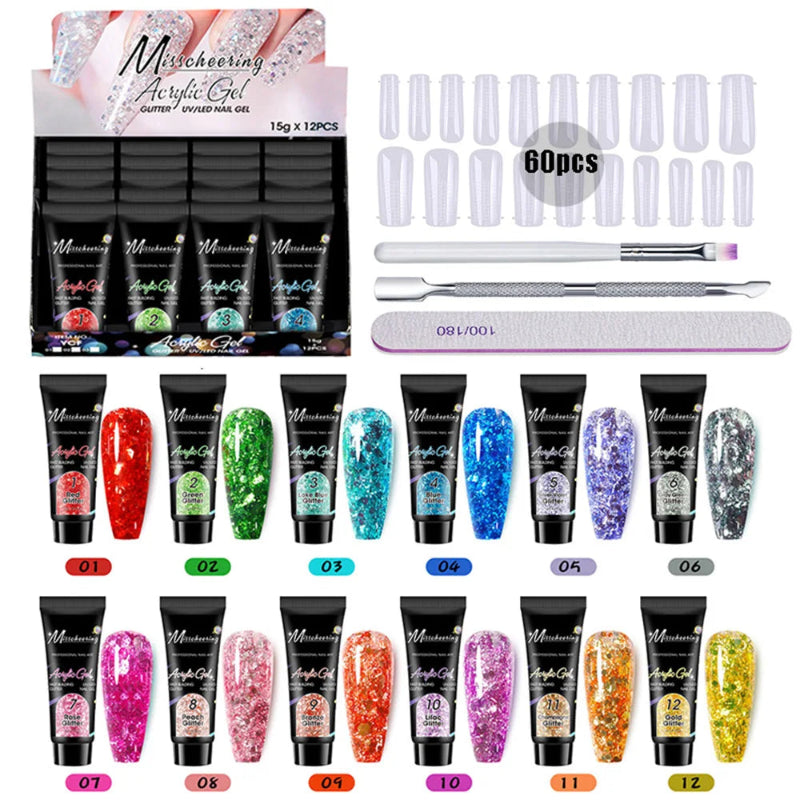Misscheering Acrylic Gel Glitter UV/LED Nail Gel 15g x 12PCS Kit
