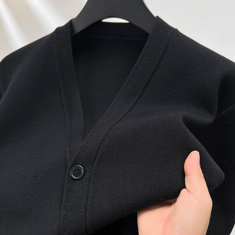 Men’s V-Neck Knit Cardigan – Solid Color Double Pocket Autumn Winter Sweater