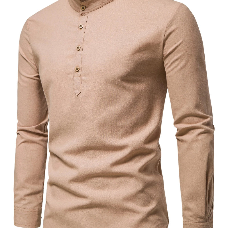 Men’s Long Sleeve Mandarin Collar Button Shirt with Multiple Color Options