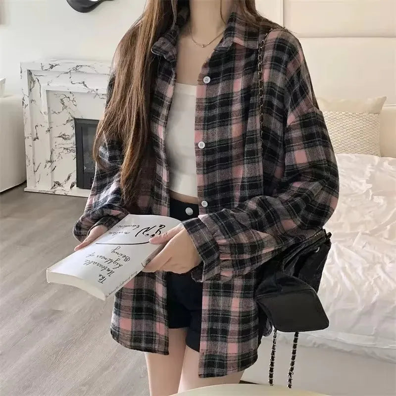 Women's Plaid Button-Up Shirt – Long Sleeve Loose Fit Casual Blouse