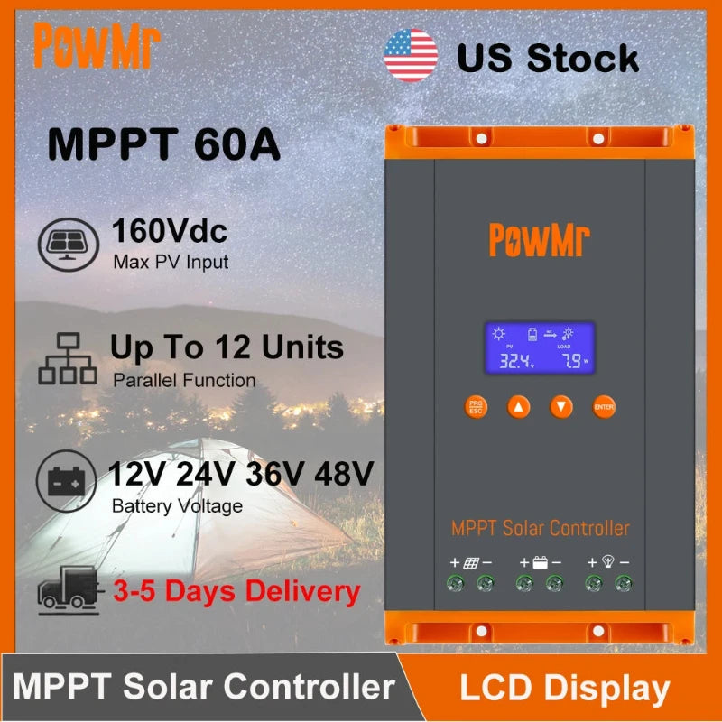 PowMr 60A MPPT Solar Charge Controller 12V/24V/36V/48V LCD Display 160V PV Input Solar Regulator