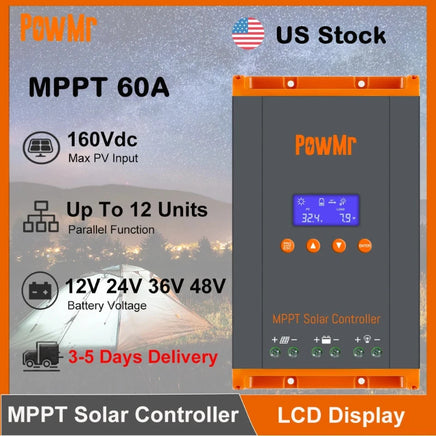 PowMr 60A MPPT Solar Charge Controller 12V/24V/36V/48V LCD Display 160V PV Input Solar Regulator