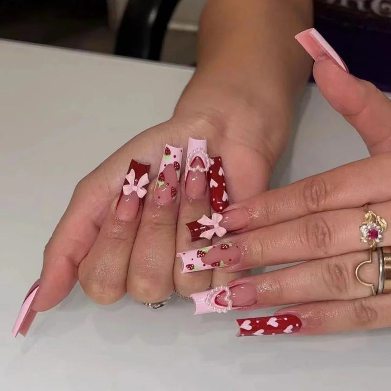 24Pcs Ultra Long Coffin Press On Nails Set with French Gradient Design, 3D Flower Butterfly Diamond Glossy Reusable Fake Nails