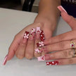 24Pcs Ultra Long Coffin Press On Nails Set with French Gradient Design, 3D Flower Butterfly Diamond Glossy Reusable Fake Nails